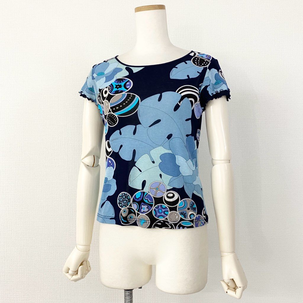 59e20 LEONARD SPORT レオナール スポーツ 半袖Tシャツ カットソー トップス 伸縮ストレッチ素材 サイズ38 ブルー マルチカラー コットン100% レディース 日本製