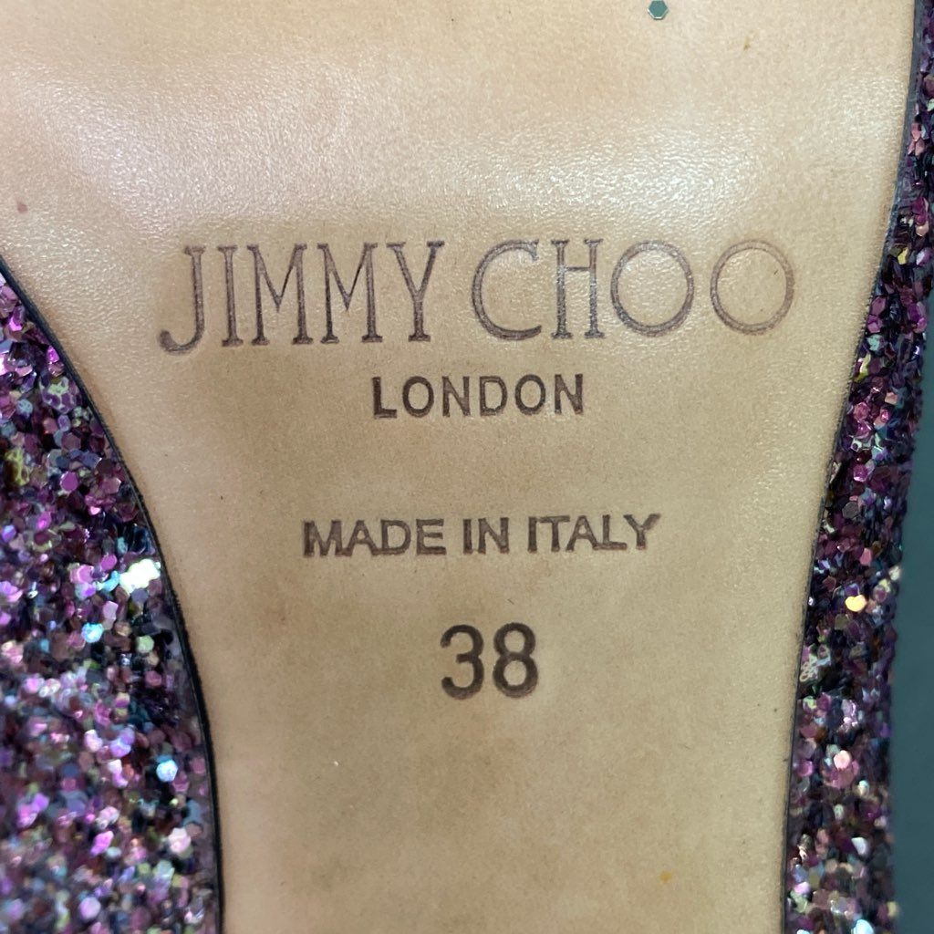 1d12 《美品》 JIMMY CHOO ジミーチュウ グリッター パンプス ピンヒール ラメ イタリア製 ハイヒールパンプス レディース 38 ピンク系 結婚式