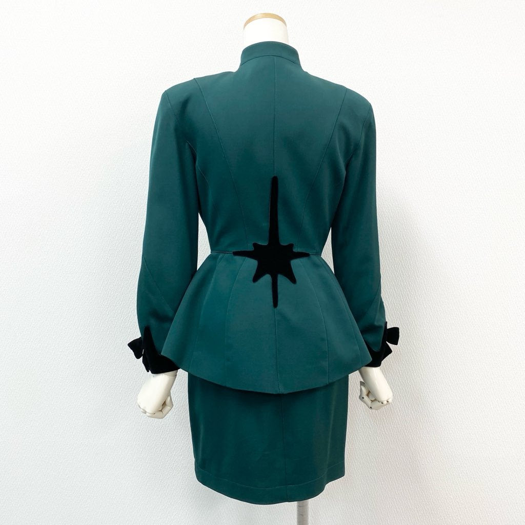63d8-10 Thierry mugler ティエリー ミューグレー ジャケット/スカート スーツ セットアップ 変形デザイン ベロアリボン 裾フレア サイズ7AT-60-88 グリーン ブラック ウール100% レディース