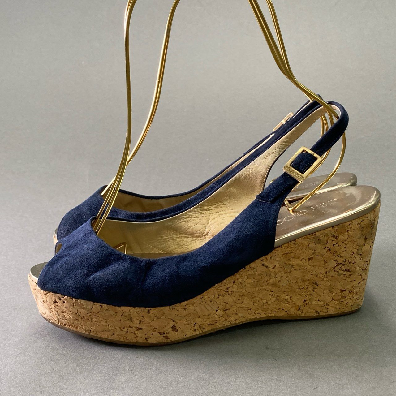7d16 JIMMY CHOO ジミーチュウ ウェッジコルクソール スエードサンダル 38 ネイビー レザー シューズ イタリア製 夏