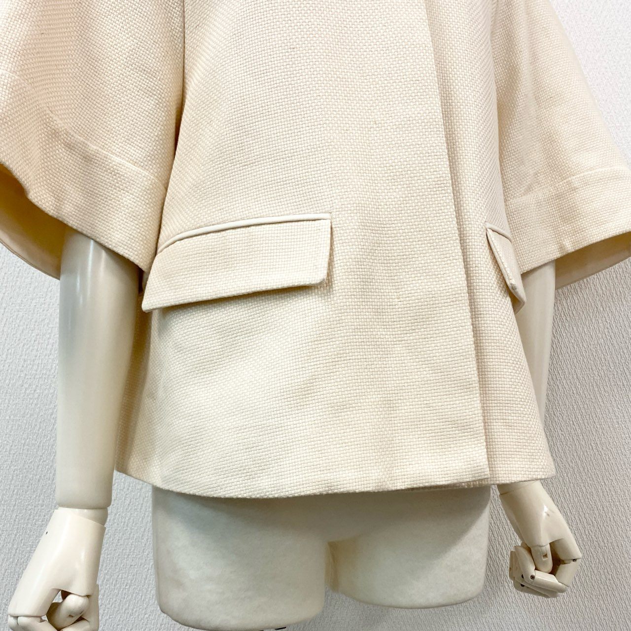 19k29 《美品》 Drawer ドゥロワー ラウンドスリーブ ノーカラージャケット リネンジャケット バスケット織 七分袖 6522-299-0639 36 ピンクベージュ系
