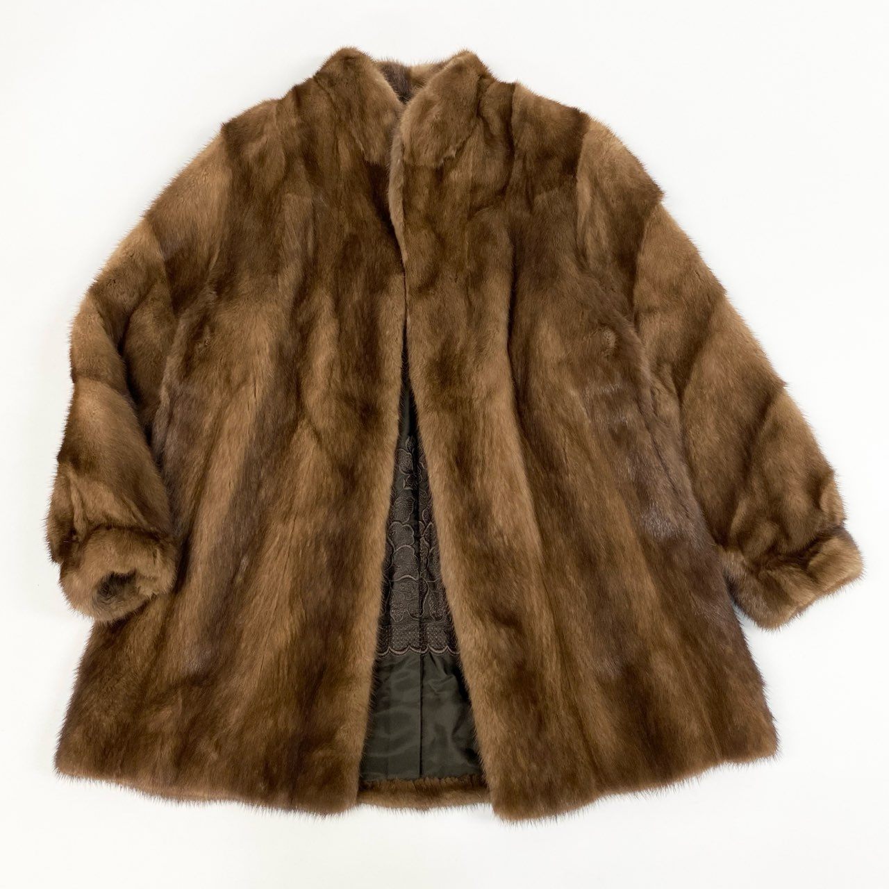 68j15 MG Sable FUR ミンクコート セミロングコート 毛皮コート 袖斜め段 サイズ13 ライトブラウン パステルミンク 裏地花柄刺繍k02i