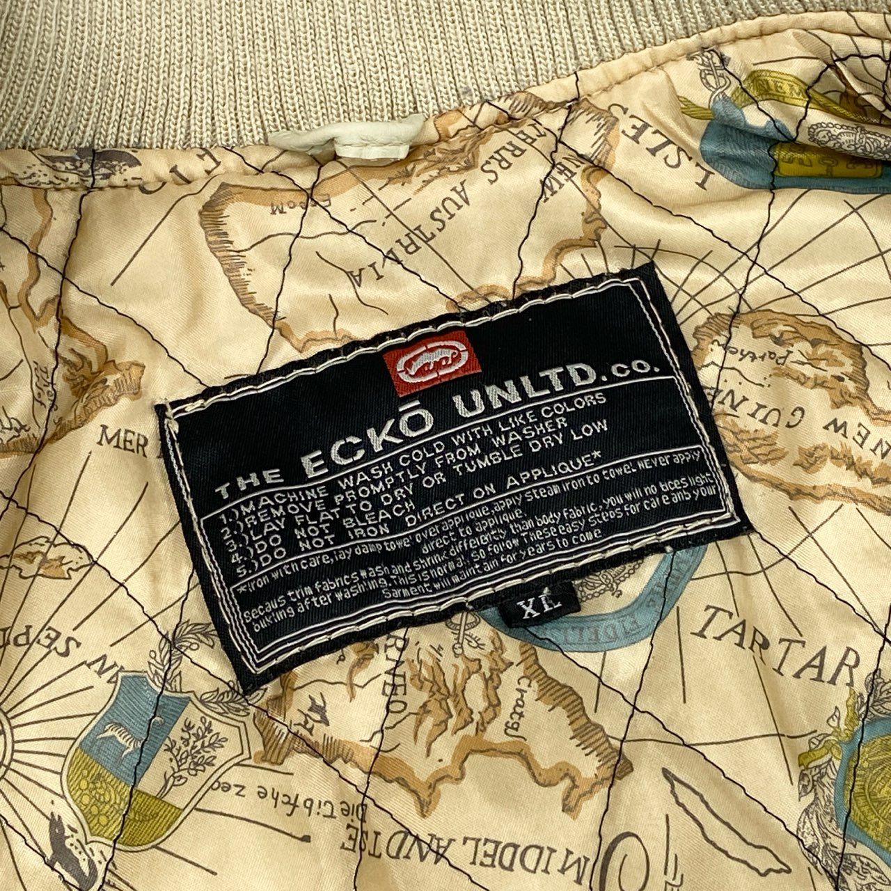 49f2 THE ECKO UNLTD エコー 90s レザージャケット ブルゾン 裏地総柄 世界地図 大きいサイズ 古着 VINTAGE ヴィンテージ XLサイズ ライトベージュ 牛革