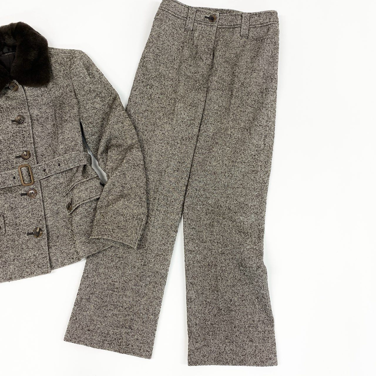 17e7 BURBERRY LONDON バーバリーロンドン ネップツイード リアルファー襟 ジャケット パンツ セットアップ サイズ38/パンツ36 ブラウン レディース 女性用