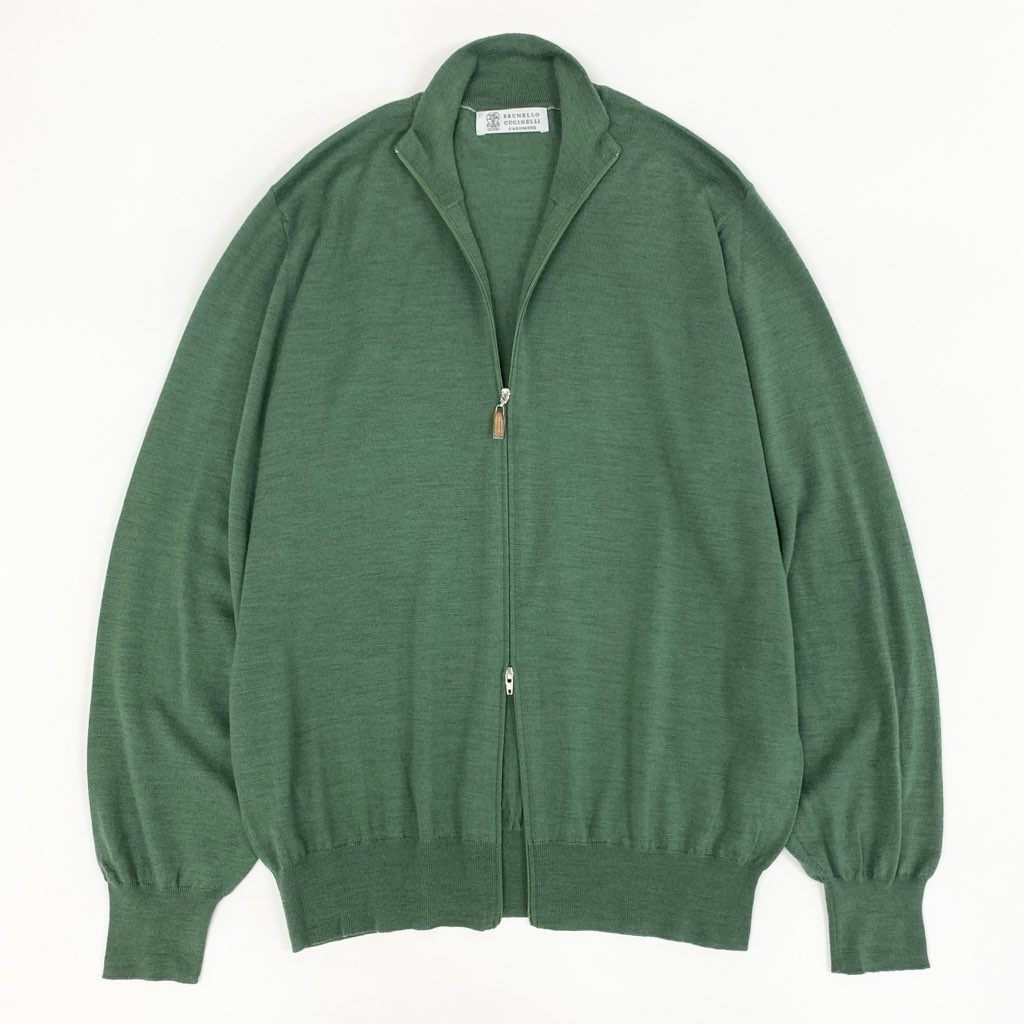 5f7 BRUNELLO CUCINELLI ブルネロクチネリ カシミヤ混 イタリア製 ドライバーズニット セーター ジップアップ エルボーパッチ グリーン ウール カシミア
