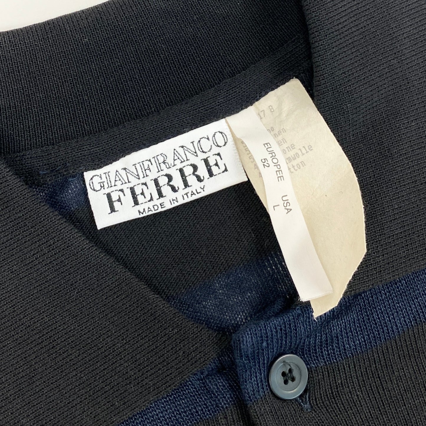 58i11 イタリア製 GIANFRANCO FERRE ジャンフランコフェレ ニットポロシャツ セーター 袖ロゴ 52 ブラック ネイビー コットンリネン メンズ 90s~00s old vintageu02t