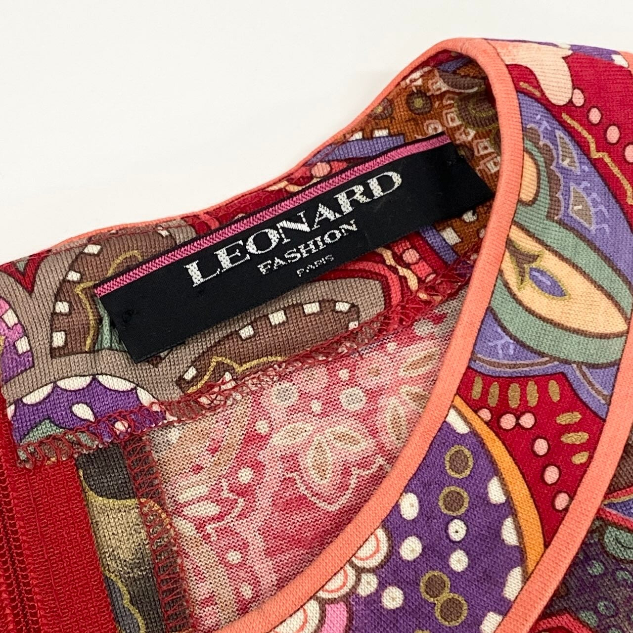 Ed21 LEONARD レオナール 長袖ワンピース コットンウール 総柄 0320117 Lサイズ レッド系 レディース 女性用t18r