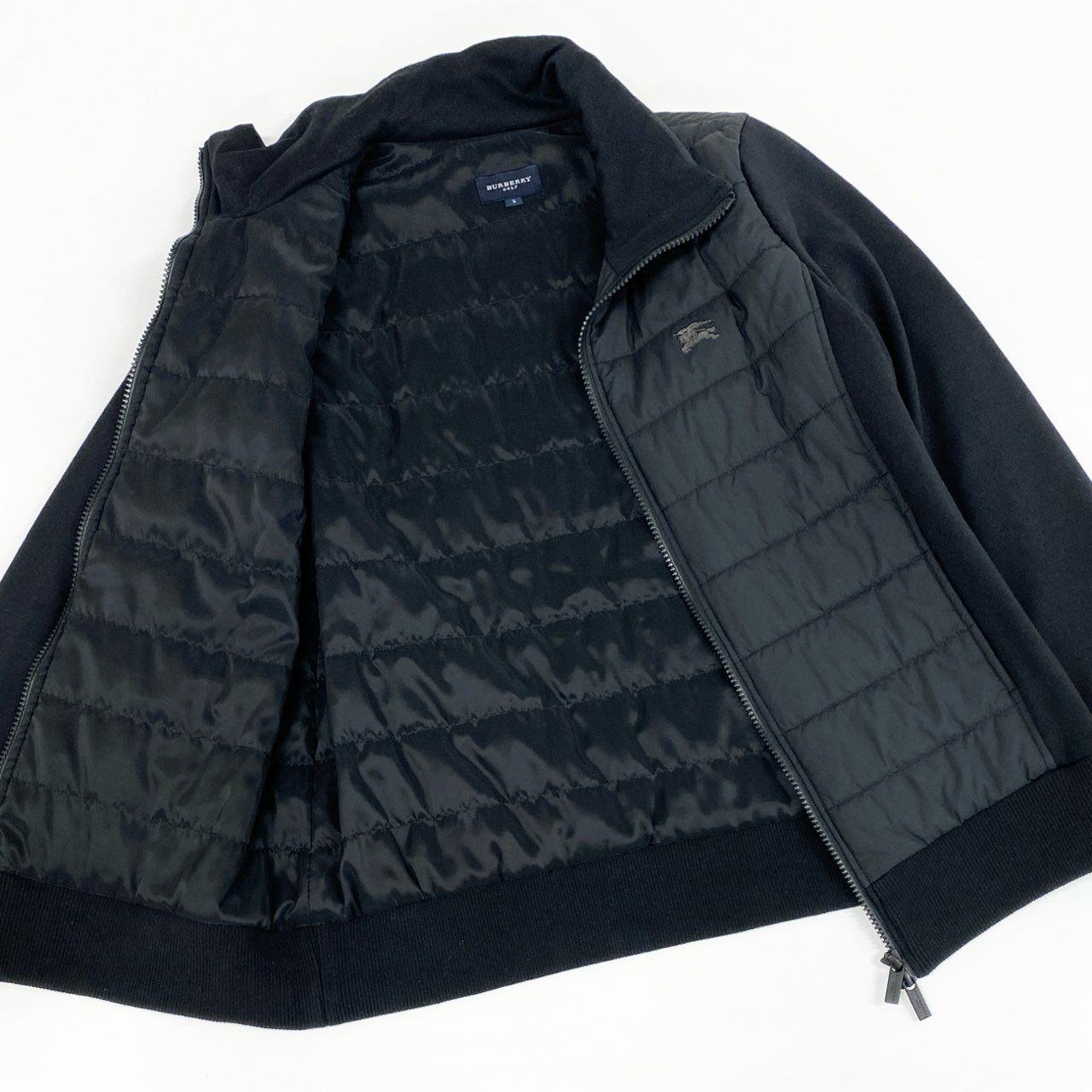 51f3 BURBERRY GOLF バーバリーゴルフ 中綿ジャケット ダブルジップアップ ブルゾン ホースロゴ 異素材切替 サイズ2 ブラック メンズ ゴルフウェア スポーツ メンズ