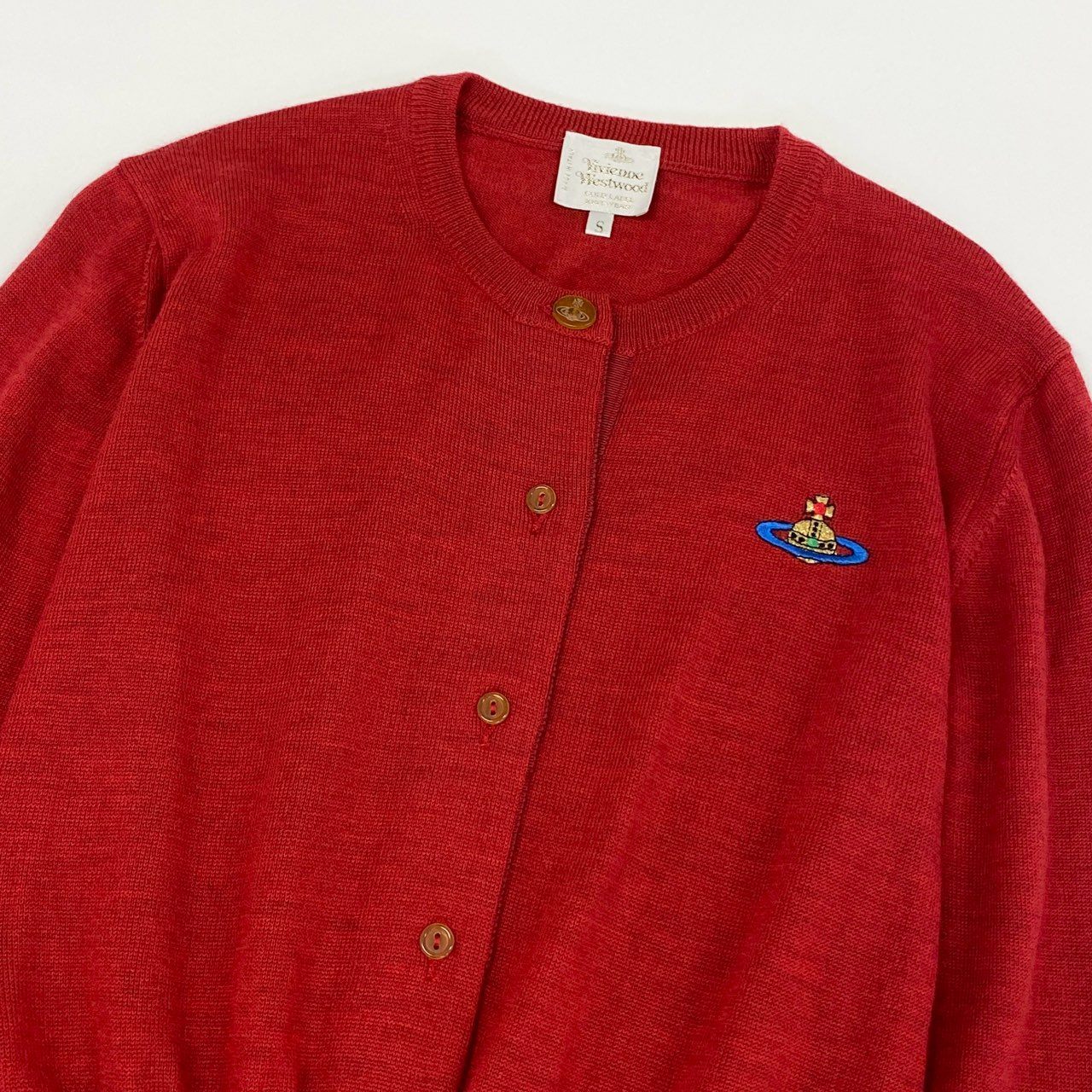 82f24 Vivienne Westwood GOLD LABEL ヴィヴィアンウエストウッド ゴールドレーベル イタリア製 オーブ刺繍 長袖ニット カーディガン 羽織 Sサイズ レッド ウール レディース