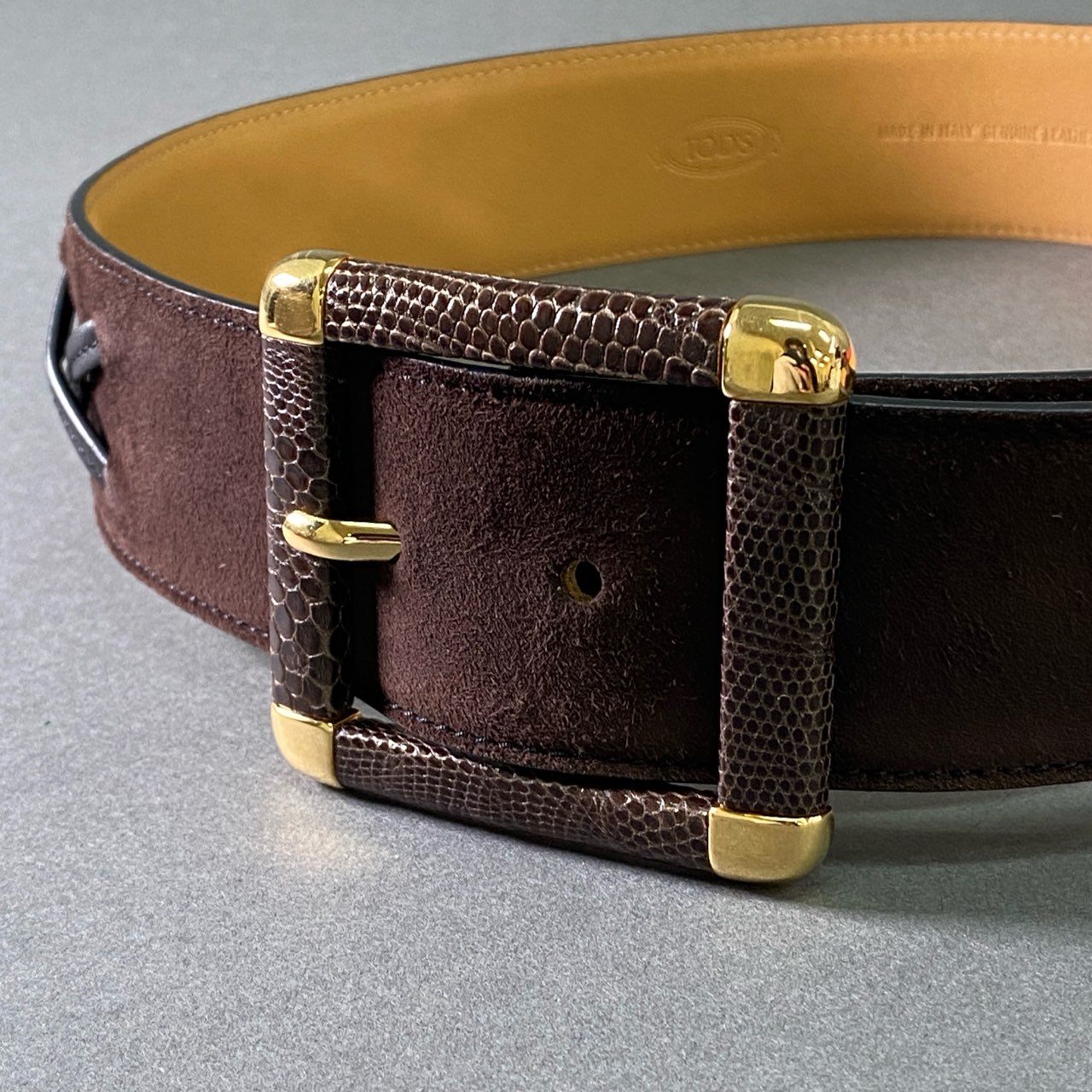 a17 TOD’S トッズ リザードバックル スウェードレザーベルト 80 ブラウン Leather イタリア製 クロスデザイン