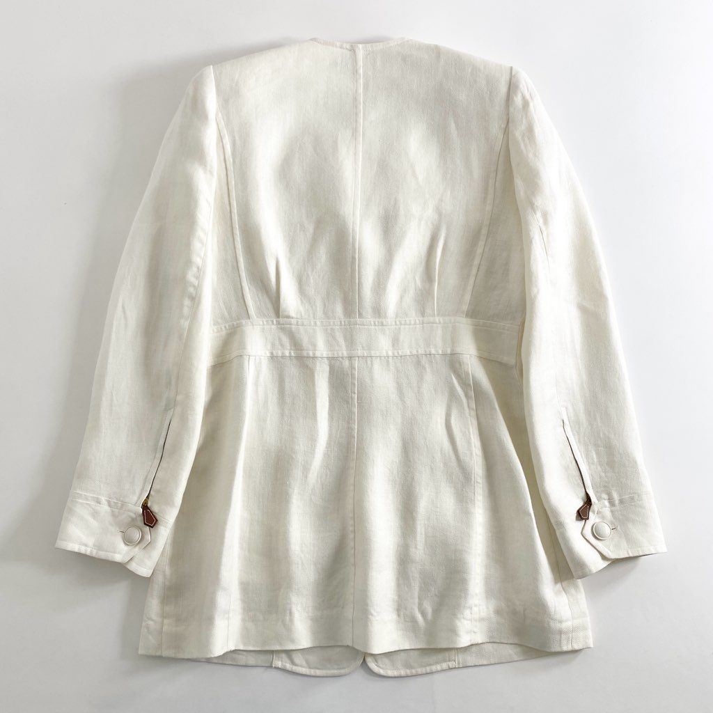 53e1 HERMES エルメス リネン ノーカラージャケット 42 アイボリー 麻100% ブレザー フランス製 LINEN JACKET