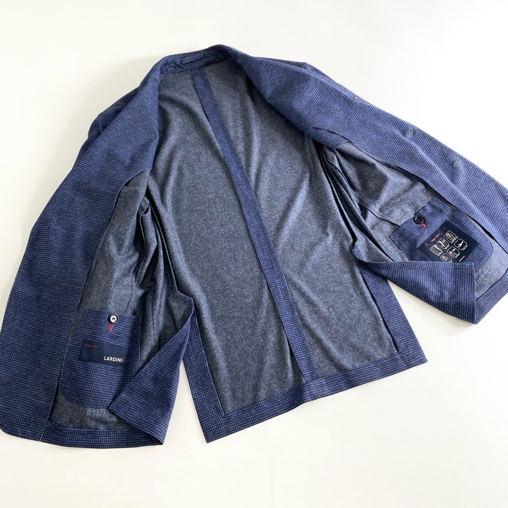 65e5 イタリア製 LARDINI ラルディーニ easy wear イージーウェア テーラードジャケット サマージャケット ストレッチ ブートニエール付き JX939AQ51 サイズ48 7R ネイビー ポリエステル100% メンズ 現行タグ