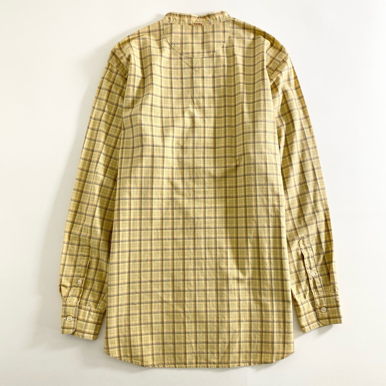 77d12 日本製 Papas パパス 長袖シャツ チェックシャツ バンドカラーシャツ M イエロー×ホワイト コットン100% メンズ 紳士服