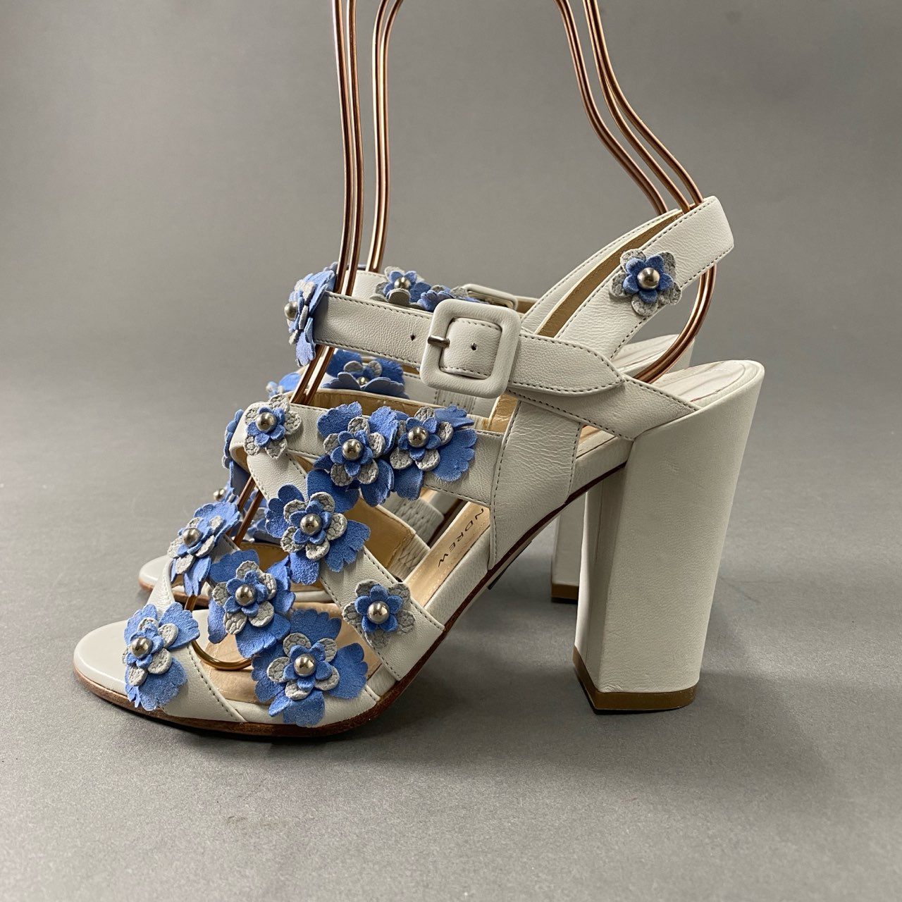 5f17 《美品》 定価¥128,000 PAUL ANDREW ポールアンドリュー フラワーヒールサンダル 36 ホワイト ブルー レザー イタリア製 シューズ