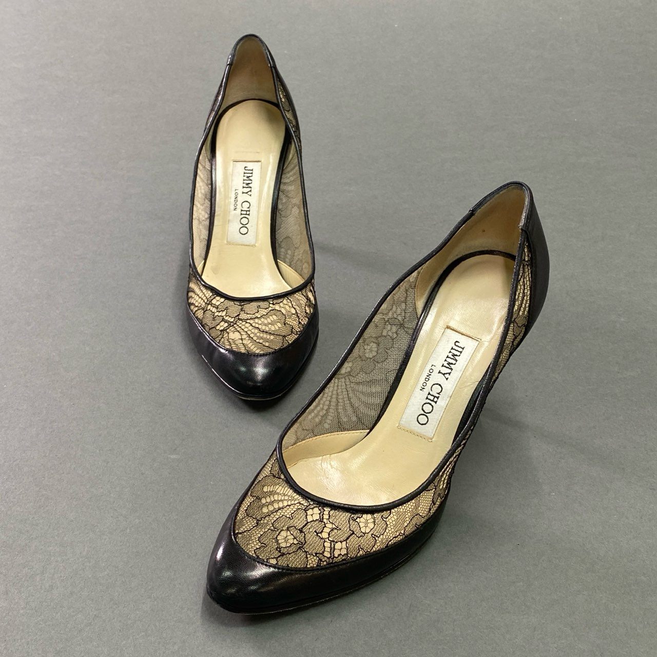 5c21 JIMMY CHOO ジミーチュウ フラワーレースパンプス 36 ブラック レザー イタリア製 シューズ