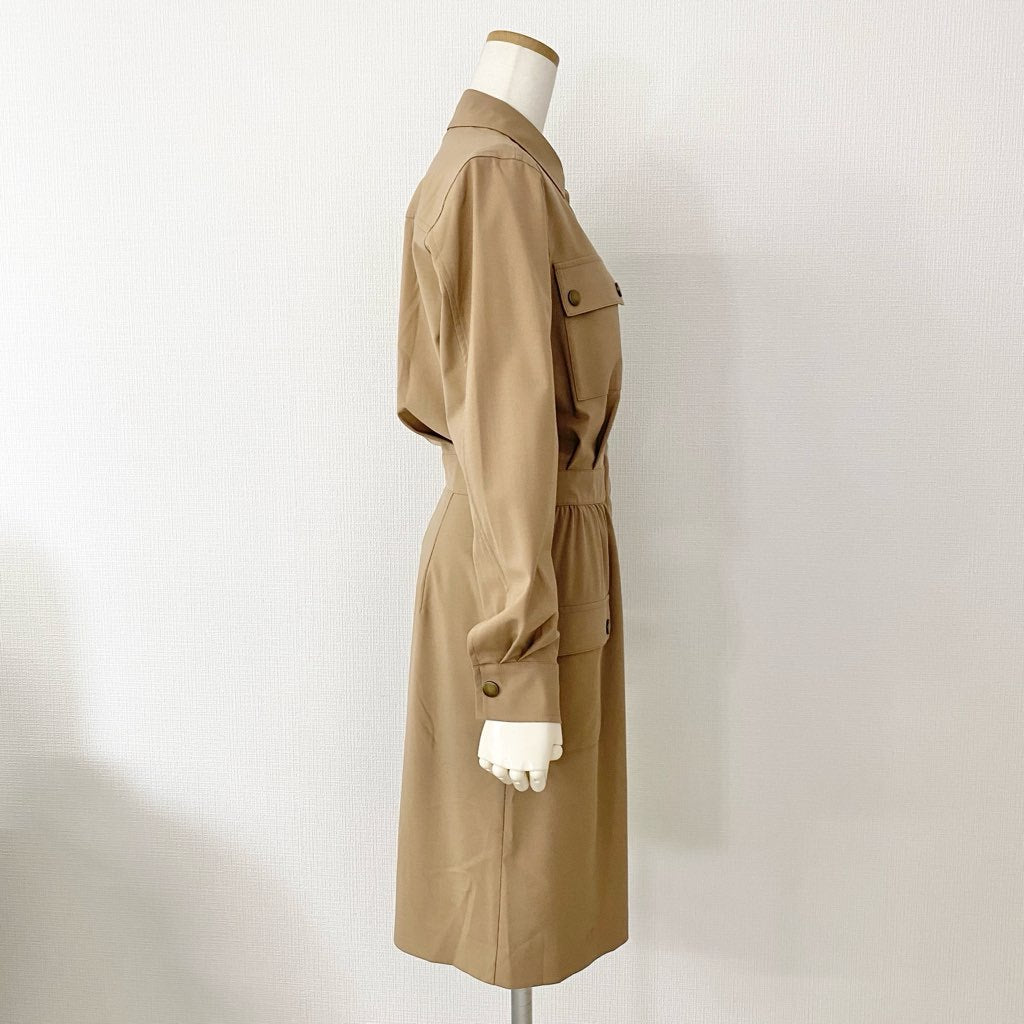 53h9 《美品》 Max Mara マックスマーラ イタリア製 白タグ 長袖ワンピース シャツワンピース ドレス 40 ブラウン ウール