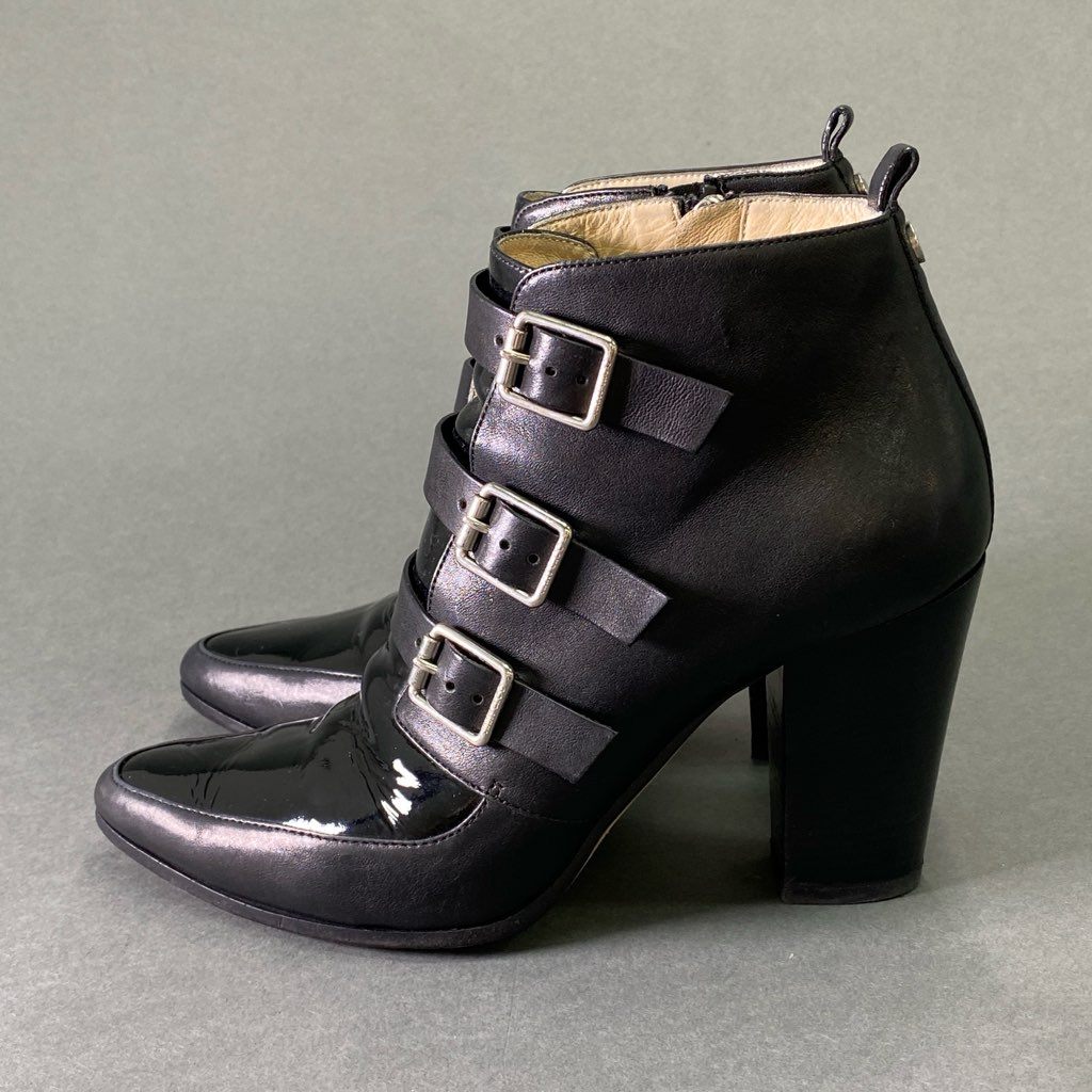 2d7 JIMMY CHOO ジミーチュウ トリプルストラップ サイドジップ ブーツ 38 ブラック レザー エナメル ブーティ シューズ イタリア製