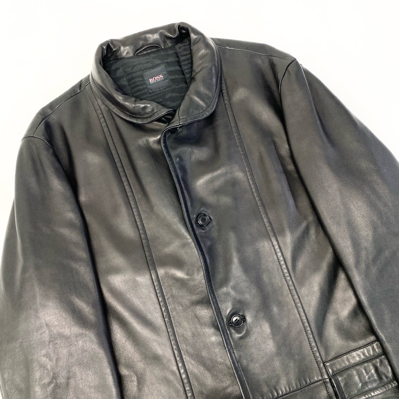 9a27 HUGO BOSS ヒューゴボス ラムレザーコート サイズL相当 ブラック シープスキン 羊革 Sheep Leather Coatt18r