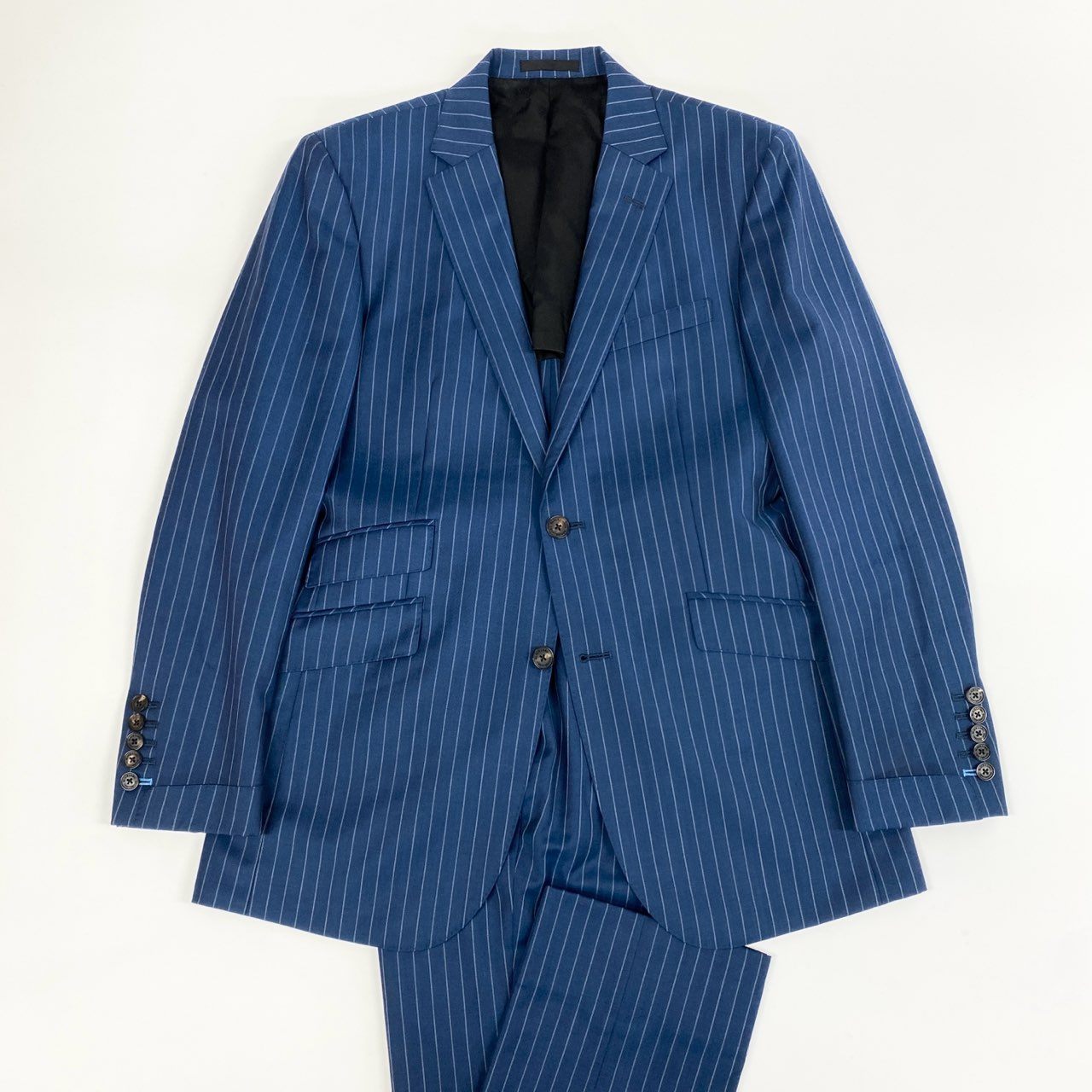 《美品》BLACK LABEL CRESTBRIDGE ブラックレーベルクレストブリッジ スーツセットアップ シングルスーツ 2B 背抜き サイドベンツ ストライプ 51H45-512-26 AB ブルー ホワイト メンズo07t