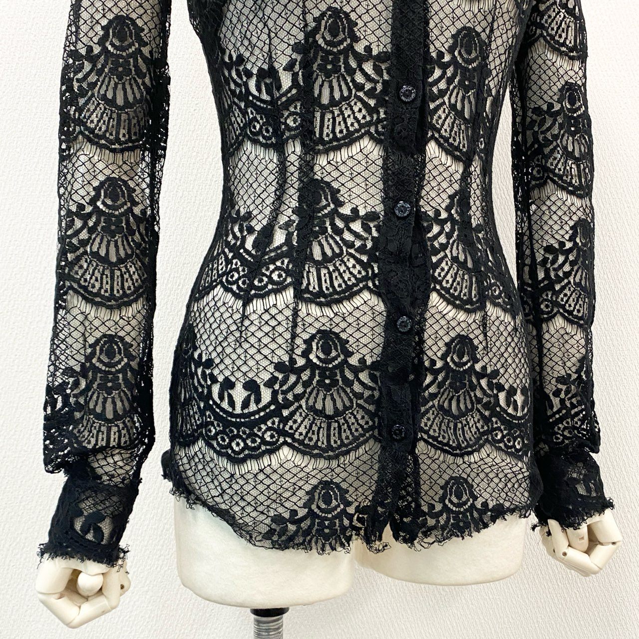 3a27 DOLCE&GABBANA ドルチェアンドガッバーナ イタリア製 総レース ブラウス 長袖シャツ トップス ロングスリーブ 38 ブラック