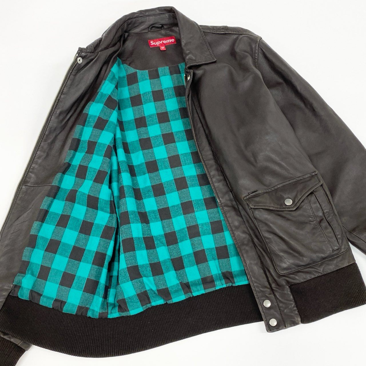 21f17 SUPREME シュプリーム 07AW Leather Bomber Jacket レザーボンバージャケット ブルゾン 裏地チェック OLD VINTAGE ヴィンテージ M ブラウン 本革