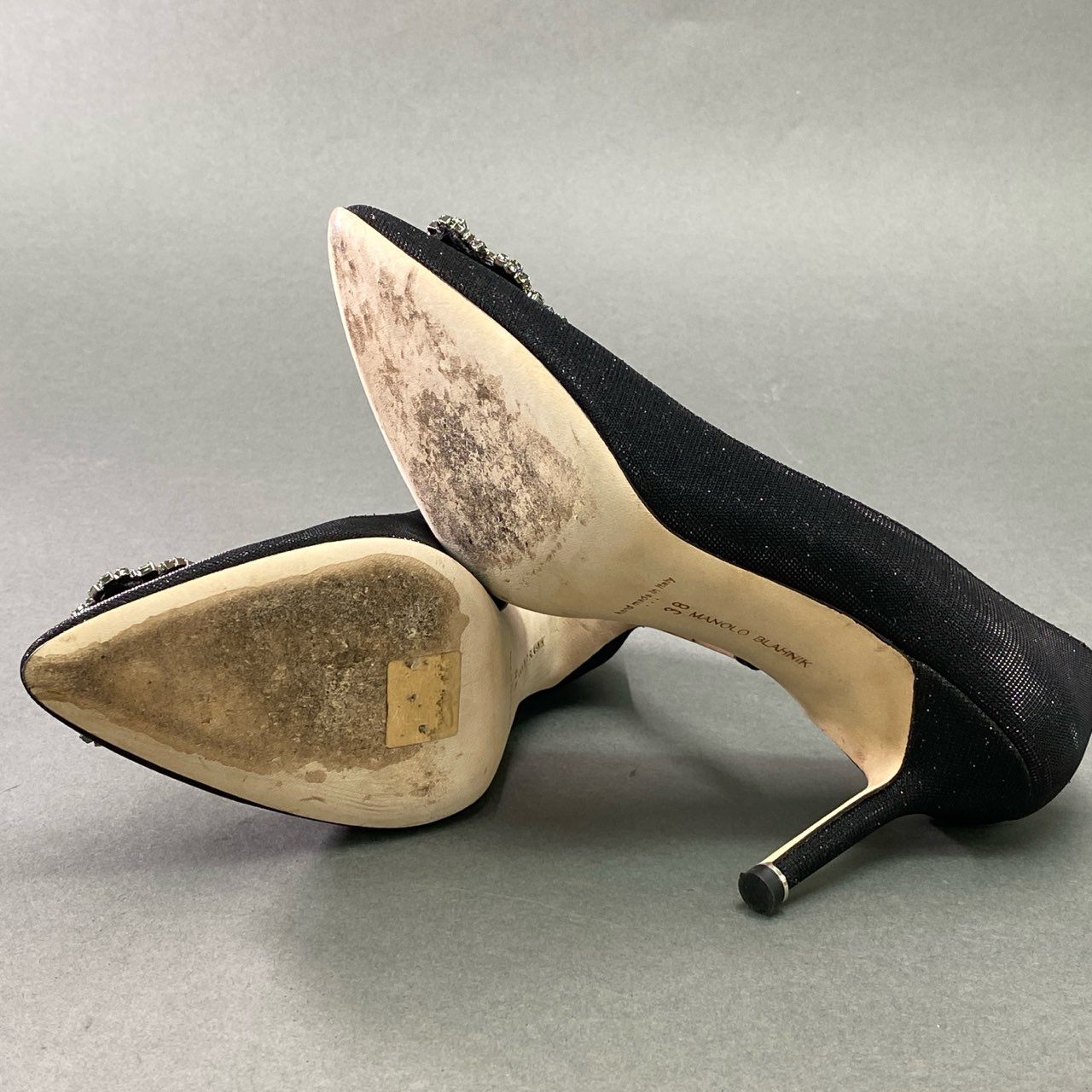 6d21 MANOLO BLAHNIK マノロブラニク HANGISI FMC ハンギシ ラインストーン グリッターラメパンプス 38 ブラック セレモニー パーティ 結婚式 シューズ 箱付き