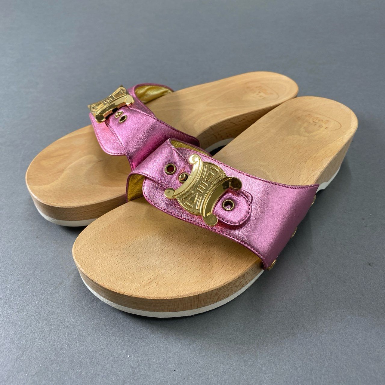 3f17 CELINE セリーヌ × Dr Scholl ドクターショール コラボ マカダム ゴールドバックル ウッドソールサンダル 37 ピンク レザー シューズ