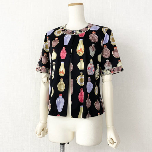 9e8 《美品》 LEONARD レオナール 半袖Tシャツ カットソー トップス 前開き 手洗い◎ M ブラック マルチカラー コットン100% レディース