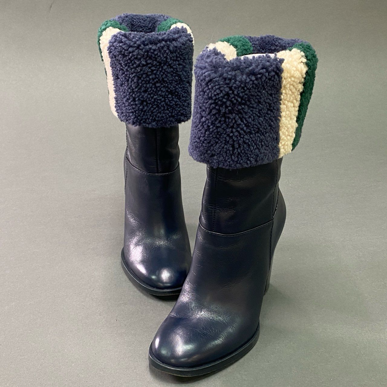 13c19 定価¥88000 TORY BURCH トリーバーチ ボアレザーブーツ 7M ネイビー レザー ロングブーツ シューズ 箱付き