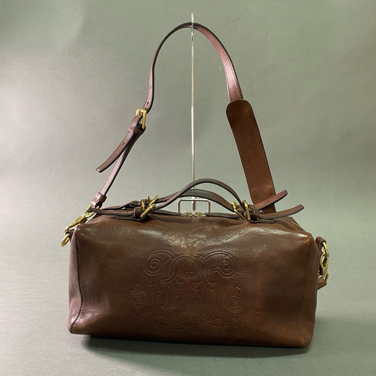 Db28 RALPH LAUREN ラルフローレン ミニボストンバッグ レザーバッグ ショルダーバッグ 2way 裏地チェック柄 ブラウン 本革