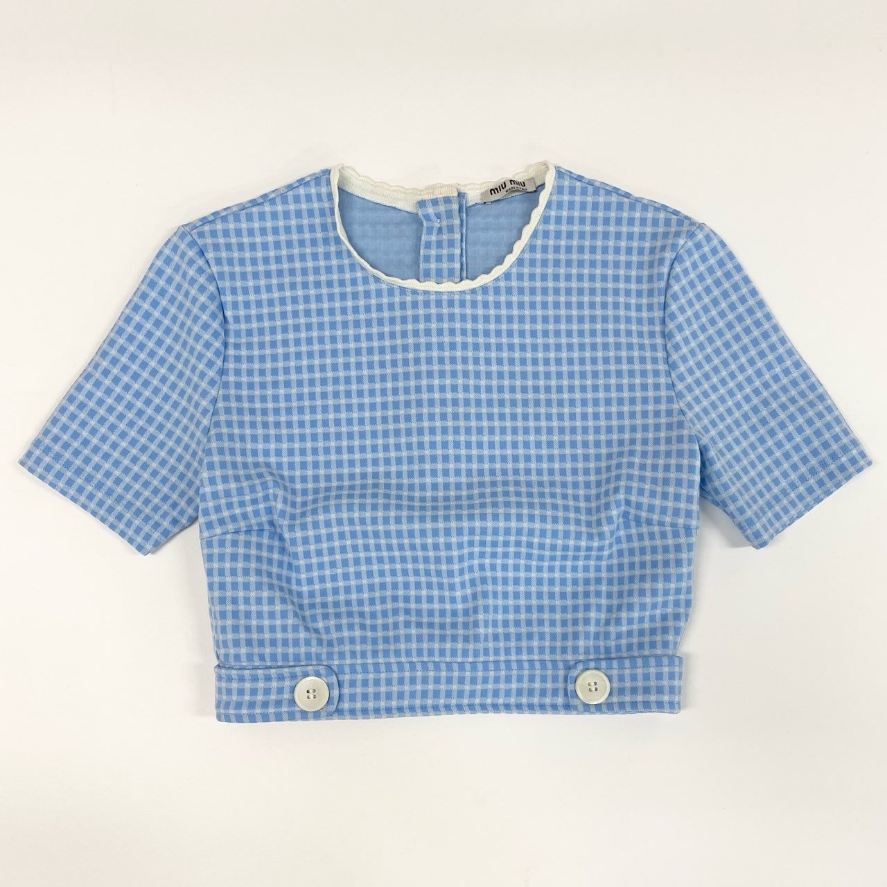 77f24 miu miu ミュウミュウ イタリア製 ギンガムチェック 半袖ニット トップス MJN172 XSサイズ ブルー レディース