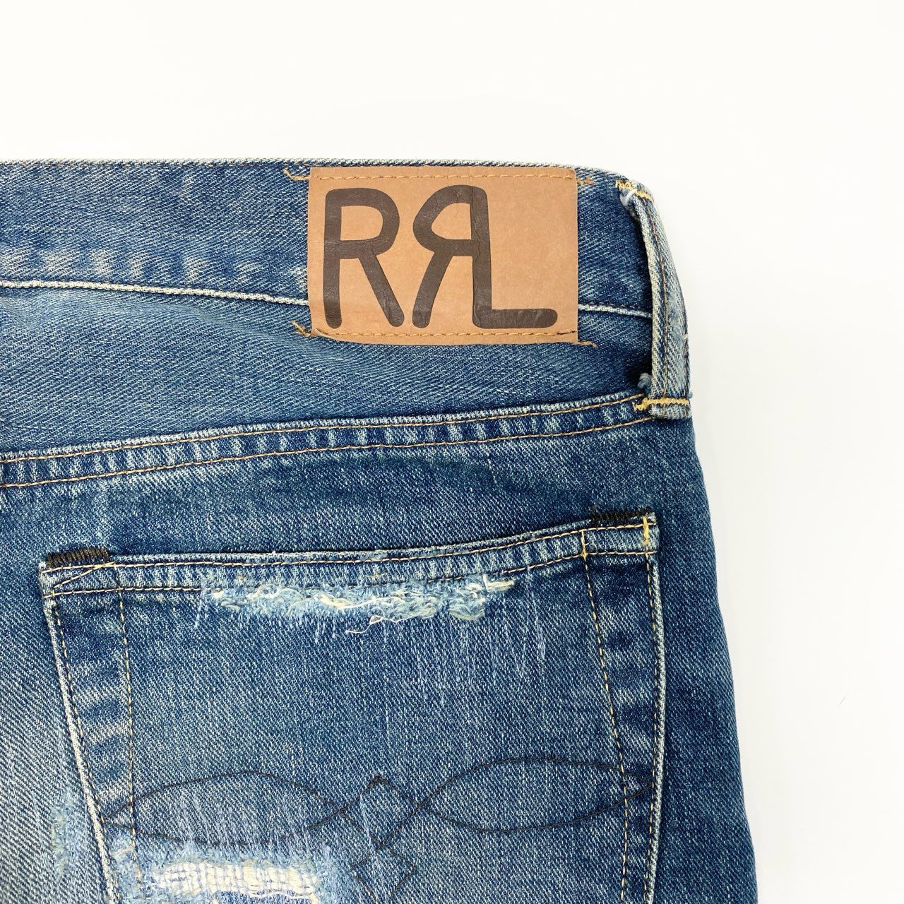 71i26 《美品》RRL ダブルアールエル デニムパンツ ダメージリペア加工 ジップフライ ロゴ刺繍 RN41381 29×30 インディゴ メンズk02i