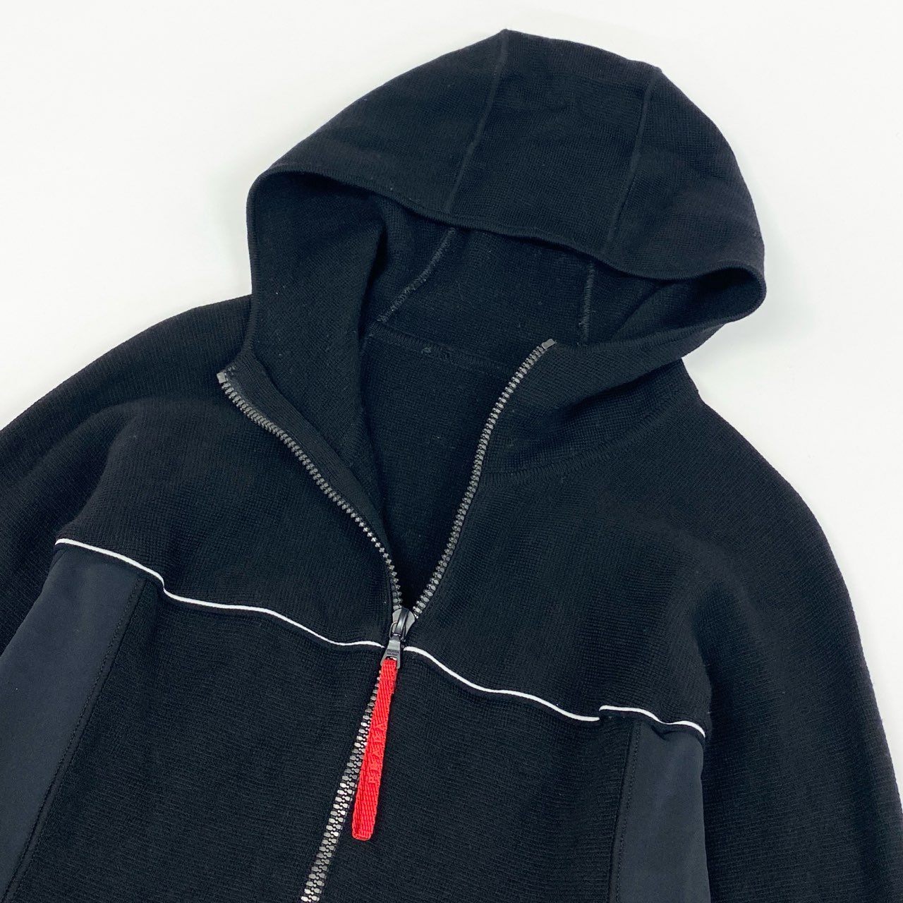 67d21 PRADA SPORT プラダスポーツ ナイロン切替 ジップアップ ニットジャケット フーディ パーカー イタリア製 46 ブラック ウール