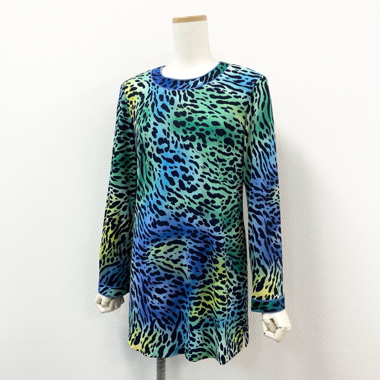 13f7 LEONARD FASHION レオナール カンカン素材 レオパード柄 長袖チュニック トップス ワンピース ドレス ロングスリーブ 日本製 Lサイズ グリーン ブルー トリアセテート ポリエステル