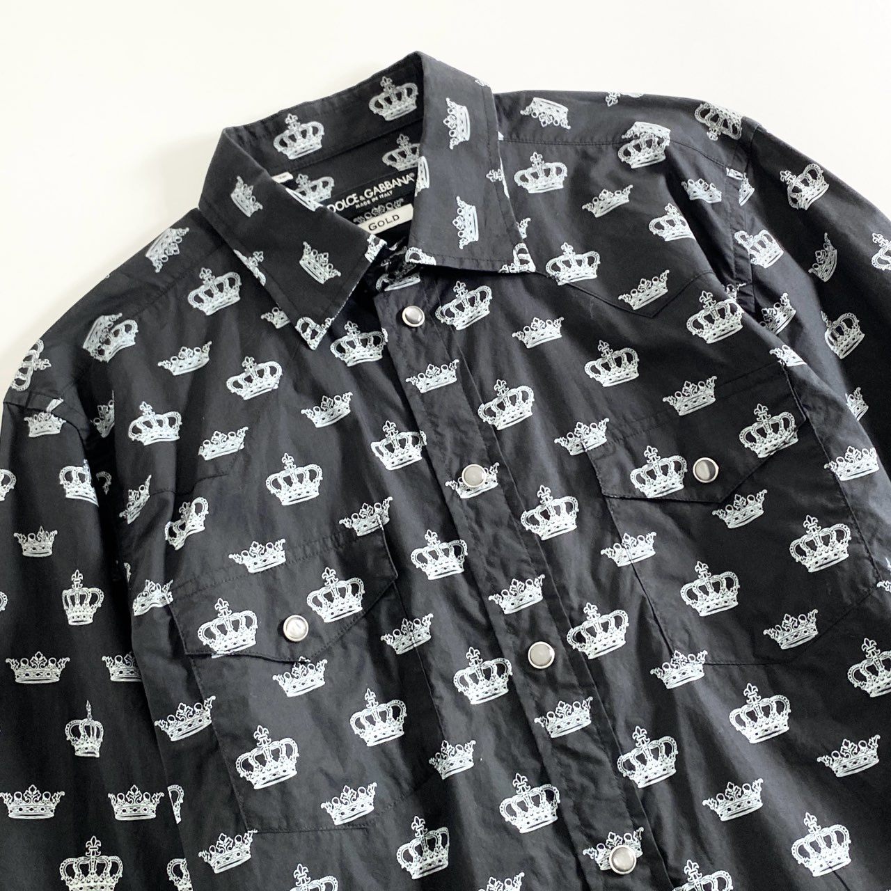 69e25 DOLCE&GABBANA GOLD ドルチェ&ガッバーナ ゴールド クラウン柄 長袖シャツ ウエスタンシャツ サイズ15 1/2 39 ブラック メンズ