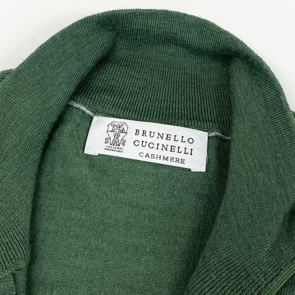 5f7 BRUNELLO CUCINELLI ブルネロクチネリ カシミヤ混 イタリア製 ドライバーズニット セーター ジップアップ エルボーパッチ グリーン ウール カシミア