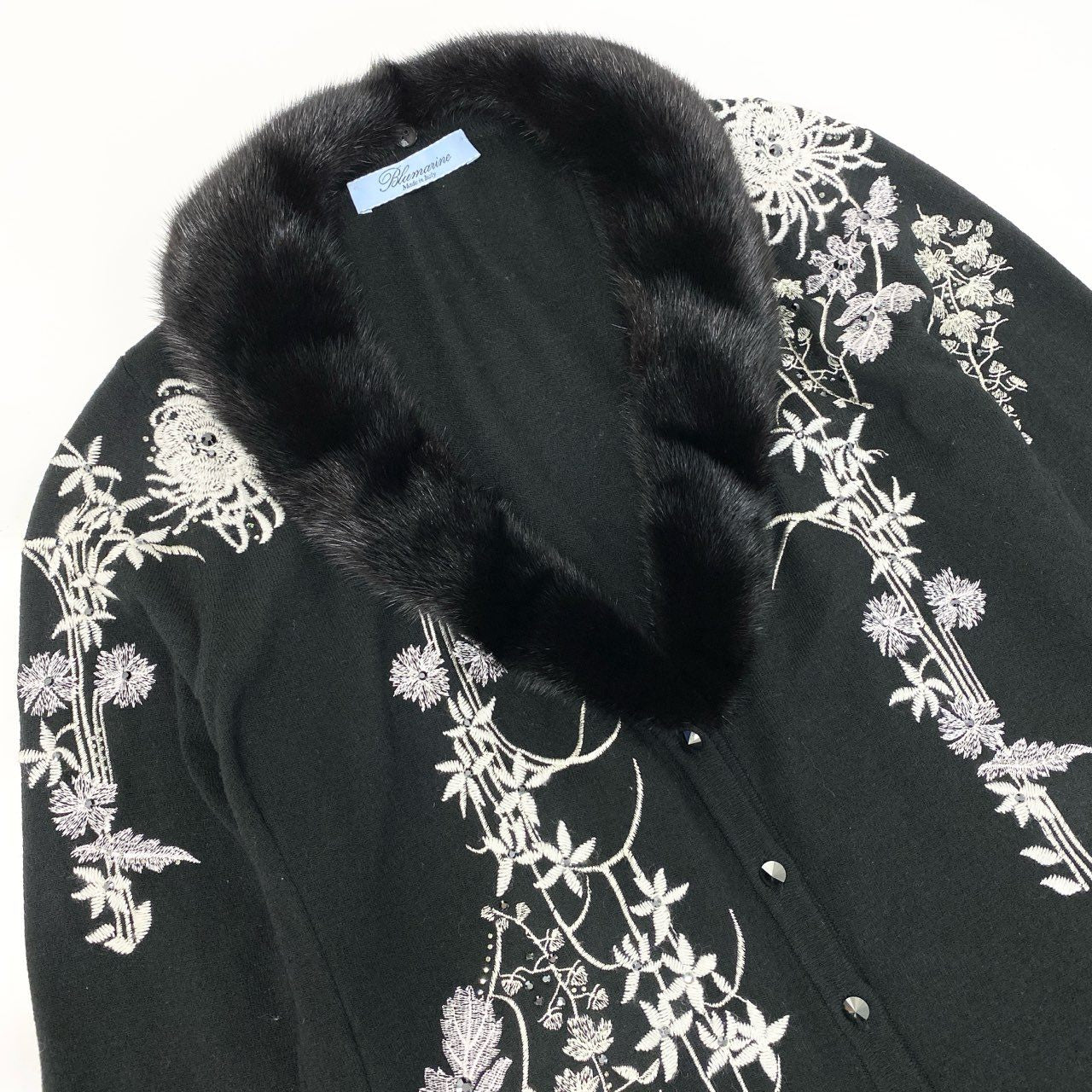 65j9 Blumarine ブルマリン ニットカーディガン ニットセーター 刺繍 ラインストーン レース ファー着脱可 ブラック レディースo07t