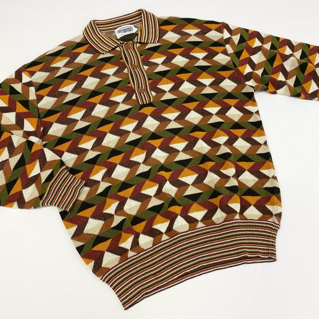 14f12 MISSONI ミッソーニ 幾何学 長袖 サマーニットポロシャツ M 茶系 プルオーバー イタリア製 紳士服