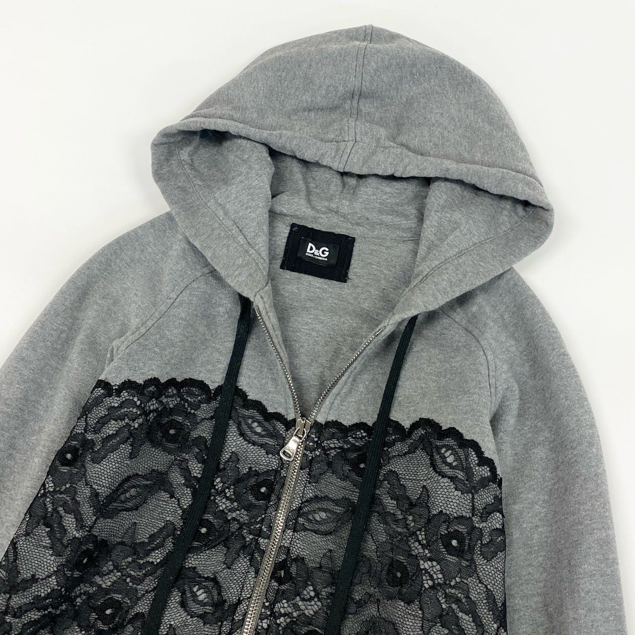 11f12 DOLCE&GABBANA ドルチェアンドガッバーナ 長袖パーカー 羽織 レース切替 フーディーパーカー フルジップ トップス レディース 38 グレー 画像参照