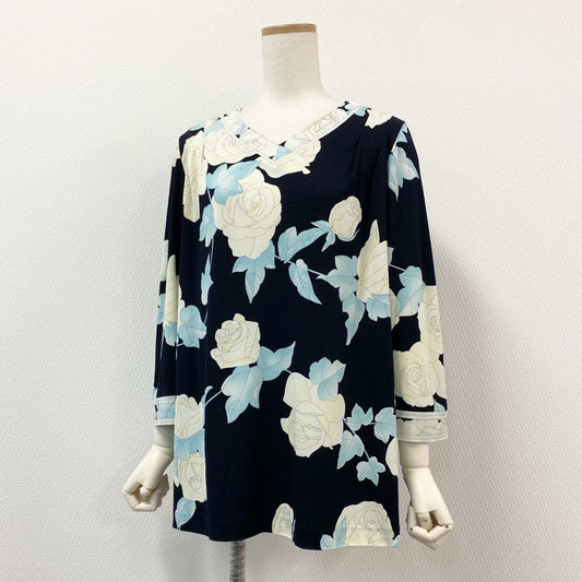 48h15 LEONARD レオナール 長袖カットソー チュニック カンカン素材 花柄プリント 40 ネイビー レディース 日本製u02t