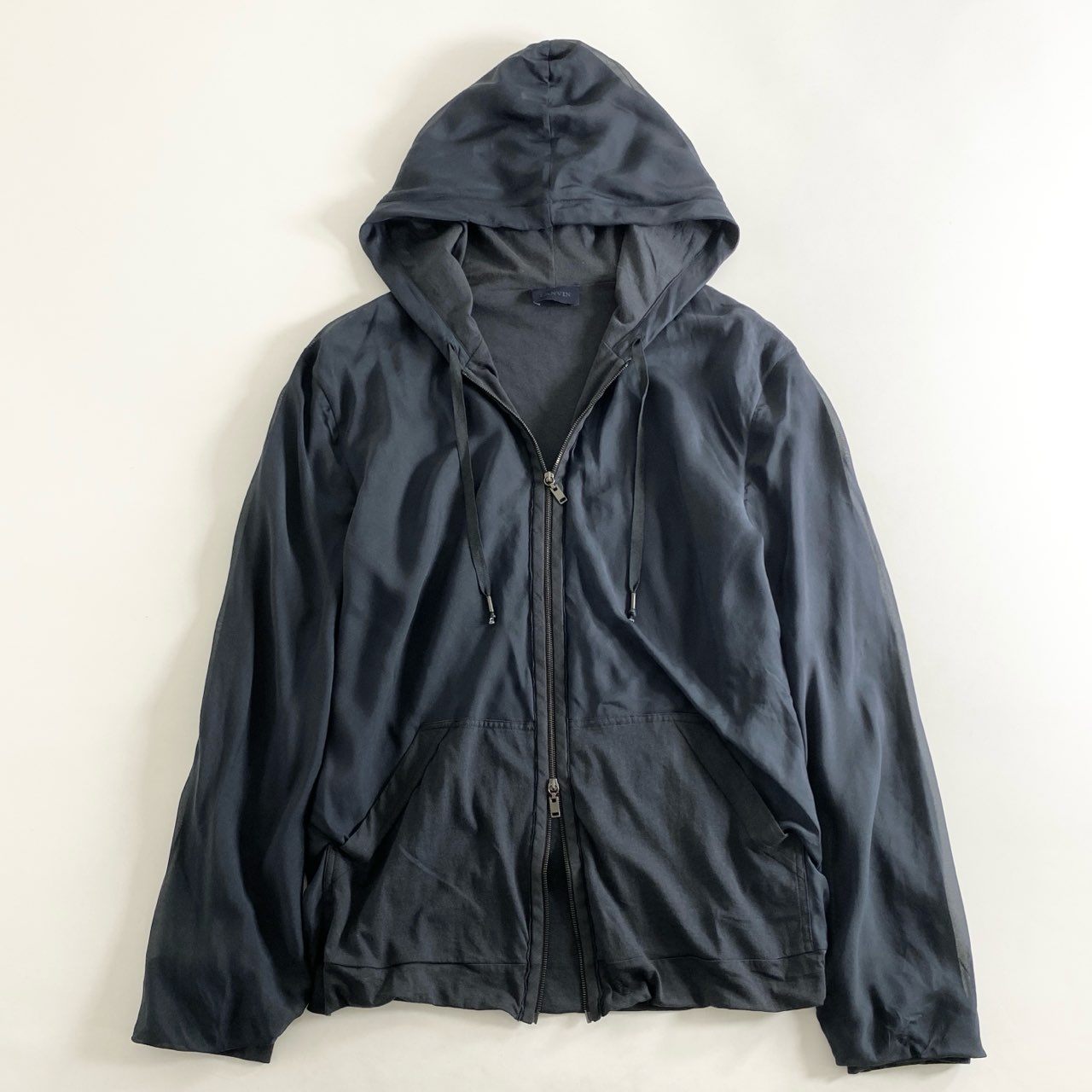 25h9 LANVIN ランバン シルク100% ジップアップパーカー XL ネイビー トップス 羽織 薄手