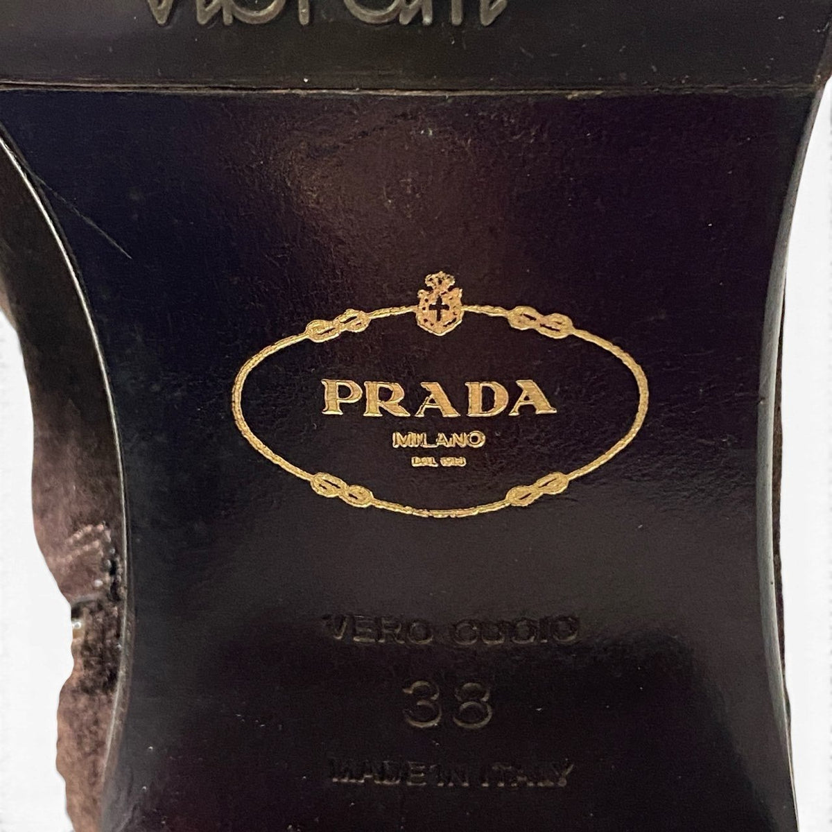 2d23 PRADA プラダ スエードレザー ロングブーツ バックル付 レザーブーツ 刺繍デザイン サイズ38 ブラウン レディース 女性靴k02i