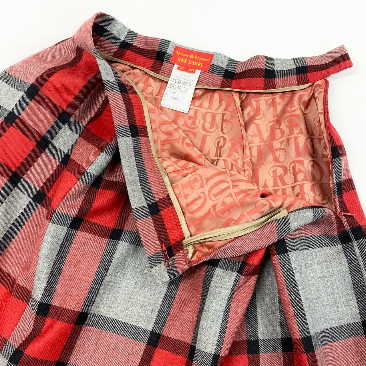 56f16 イタリア製 Vivienne Westwood RED LABEL ヴィヴィアンウエストウッド レッドレーベル 立体裁断 ミニスカート チェックスカート オーブボタン 裏地ロゴ総柄 サイズ40 レッド グレー ウール100% レディース