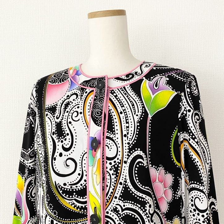 55i26 《美品》 LEONARD レオナール カンカン素地 薄手ノーカラージャケット カーディガン 羽織り 美しいプリント 0159518 サイズL マルチカラー レディース 日本製