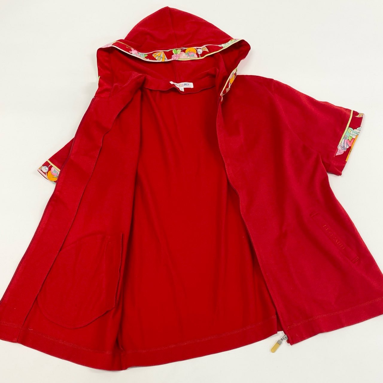 66i18 《美品》 LEONARD レオナール 半袖パーカー ジップアップ カットソー トップス 鹿の子 L レッド コットン レディース 美しい花柄プリントu02t