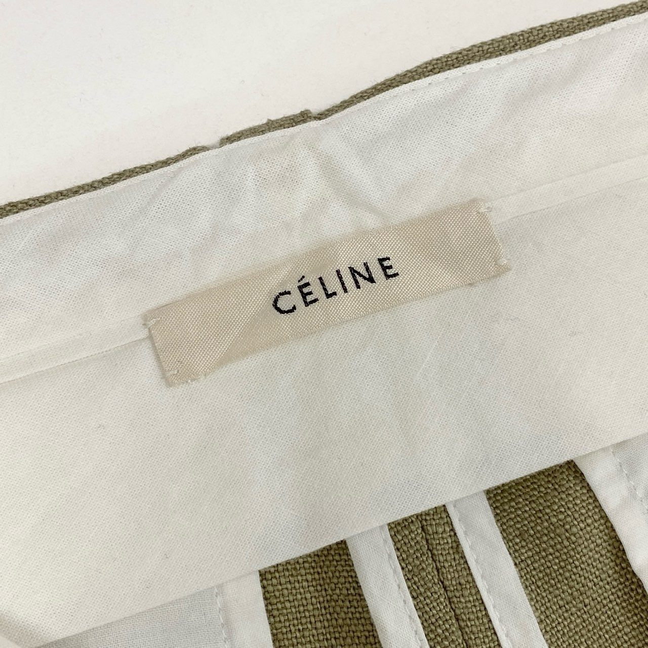 40h24 CELINE セリーヌ リネンパンツ ハイウエスト ワイドパンツ スラックス フィービー期 2 1V71/3230 34サイズ カーキ レディース 女性用k02i