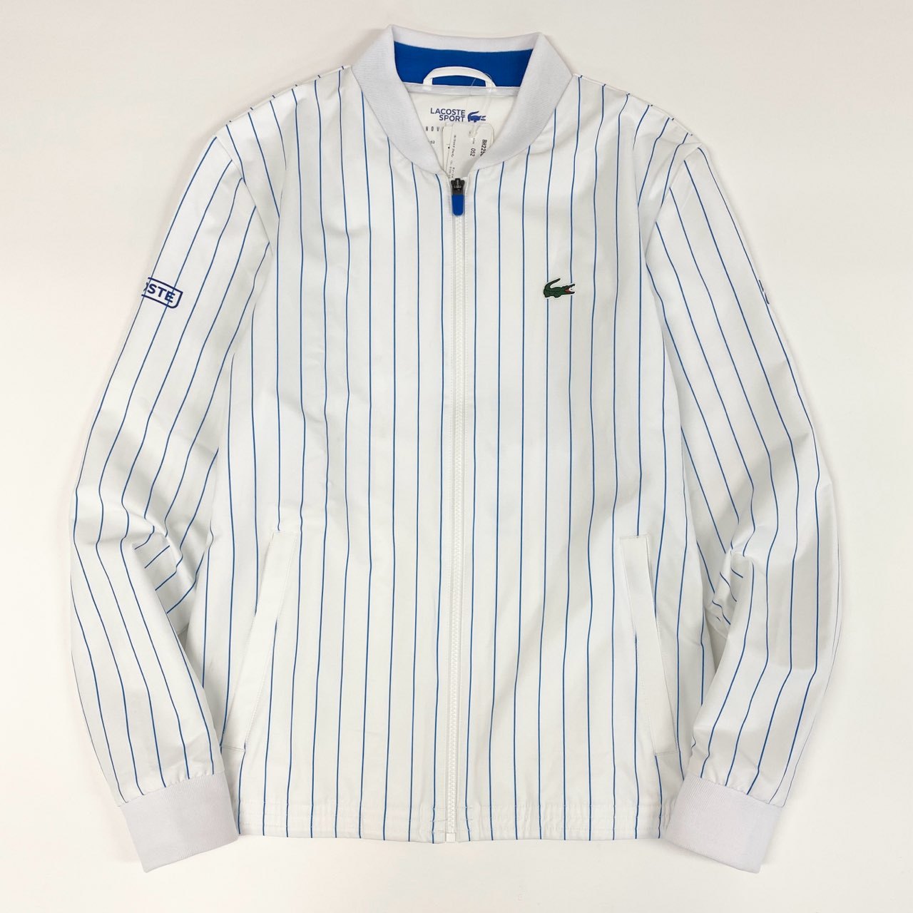 21f17 《未使用保管品》タグ付 LACOSTE ラコステ ピンストライプ ジップブルゾン ジョコビッチ ジャケット ロゴワッペン 大きいサイズ BH2256L 52 XLサイズ相当 ホワイト 画像参照