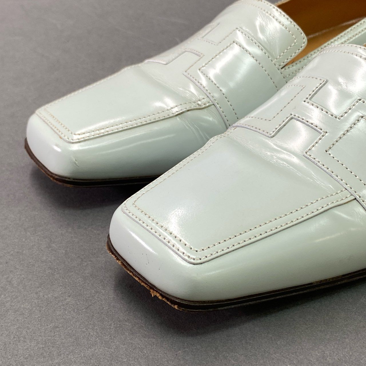 1l9 HERMES エルメス イタリア製 Hロゴ ローファー フラットシューズ パンプス 37 ライトブルー グリーン系 レザー