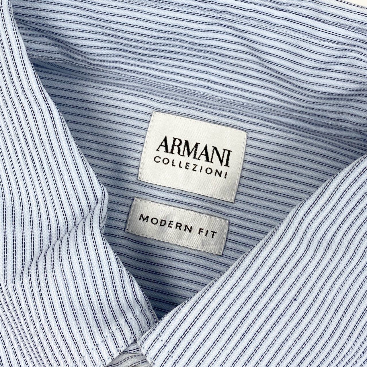 21f17 《未使用保管品》タグ付 ARMANI COLLEZIONI アルマーニコレッツォーニ 長袖シャツ ドレスシャツ ビジネス◎ MODERN FIT 大きいサイズ 42 16 1/2 XLサイズ相当 ホワイト ブルー コットン