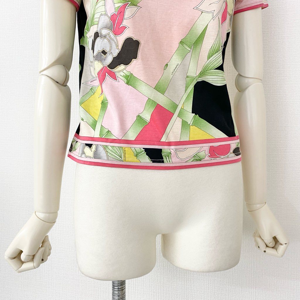 2d10-1 LEONARD レオナール 美しい花柄プリント 半袖カットソー Tシャツ トップス サイズM マルチカラー コットン100% レディース 日本製